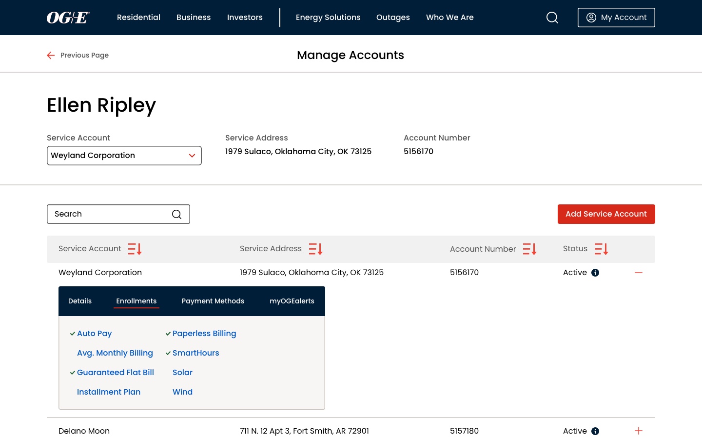 OGE website new manage account screen.